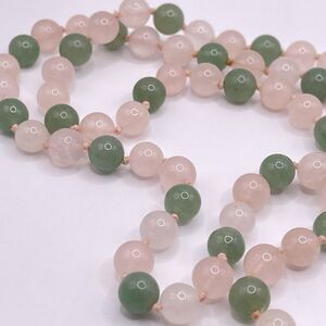 Vintage Rose Quartz Jade Hand Knotted Stone Beaded Necklace 32" Long Pink Green